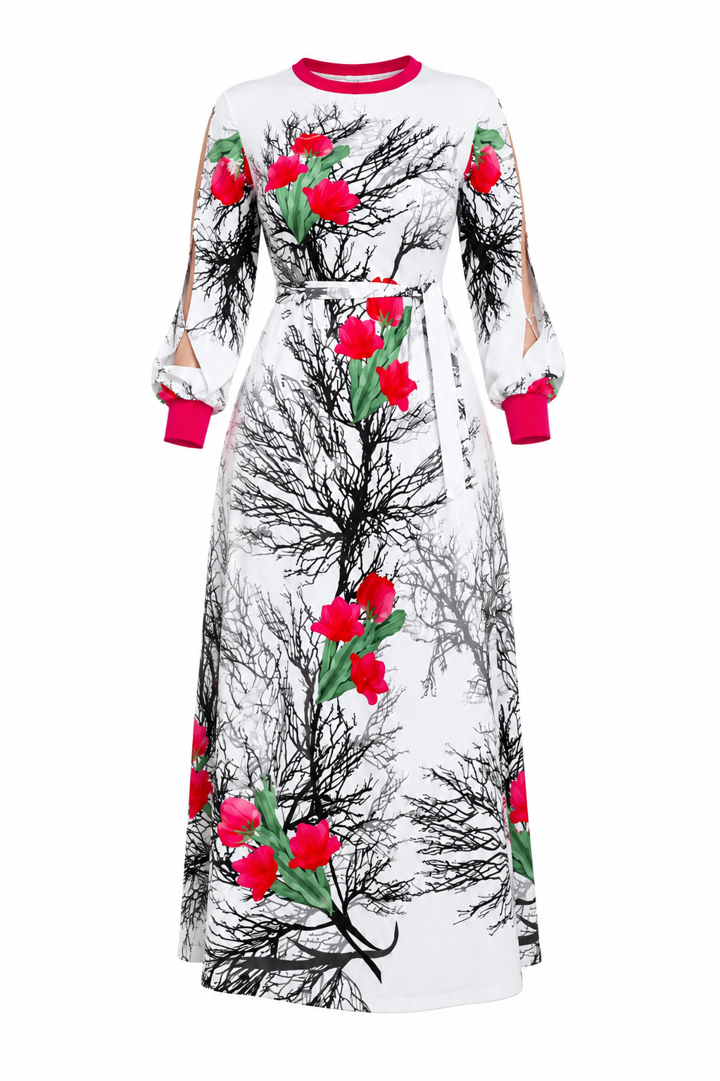 A long-sleeve white maxi dress featuring a black branch and tree print, accented with bright red flowers and green leaves, and finished with hot pink collar, cuffs, and side cutout details.