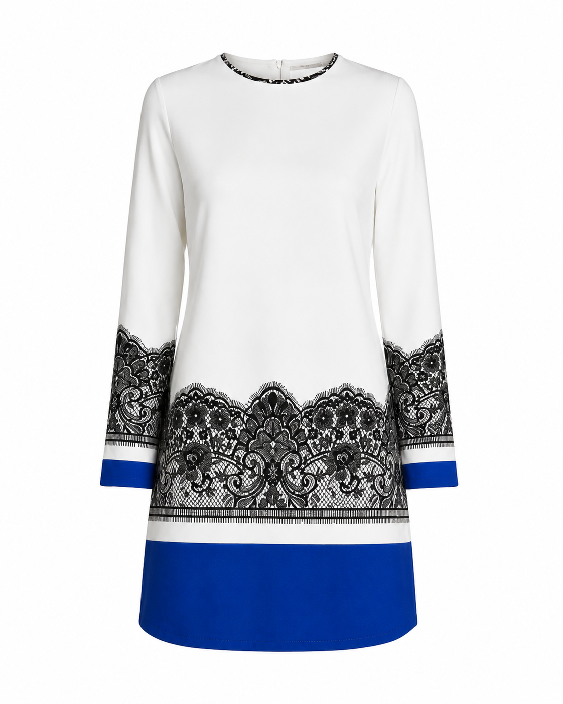 A white long-sleeve tunic dress with a wide black lace panel across the lower torso and cuffs, and a solid royal blue hem and matching blue stripe at the cuffs, shown on a plain white background.