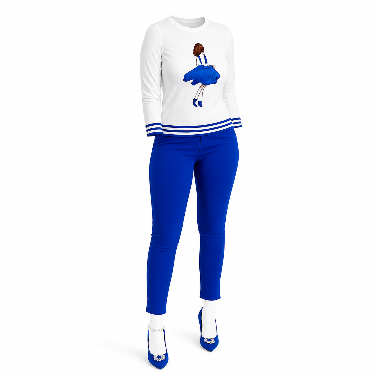 Women's Graphic Print Sweatshirt & Slim Fit Trouser Set – Casual Two Piece Outfit in White & Royal Blue