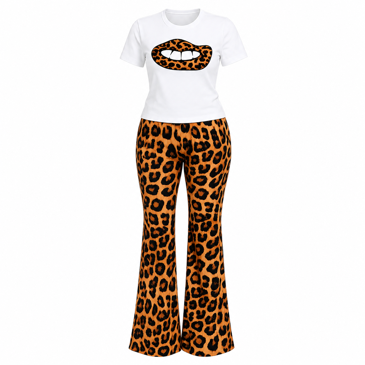Women's Leopard Print Two-Piece Flared Trouser Set – Graphic Lips T-Shirt & High Waist Bell Bottom Pants (Brown & Red)
