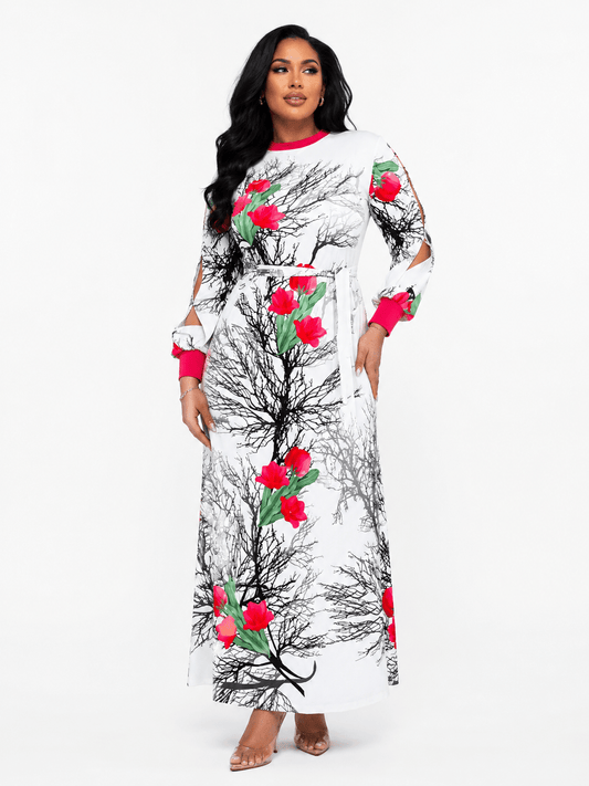 White Multicolour Floral Maxi Dress with Pink Trim | Cold Shoulder Crew Neck Long Dress - Maxi Dress - Cherubim Aura