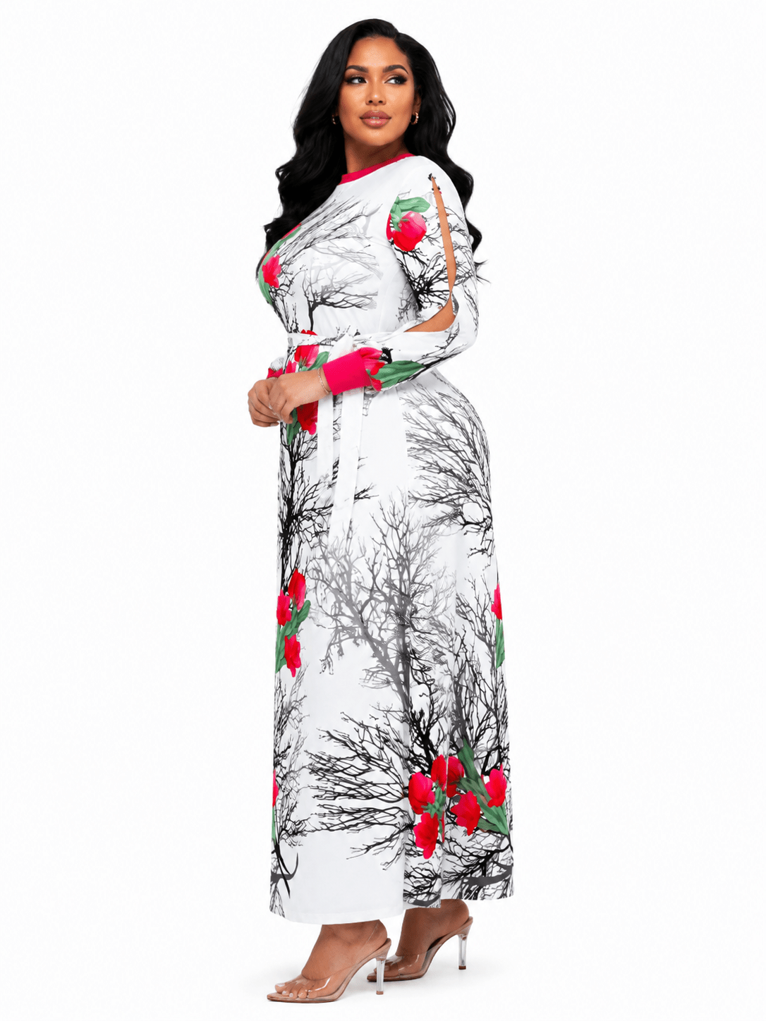 White Multicolour Floral Maxi Dress with Pink Trim | Cold Shoulder Crew Neck Long Dress - Maxi Dress - Cherubim Aura