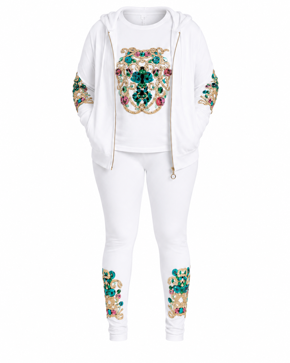A white two-piece tracksuit featuring a zip-up hoodie with a large green and gold embroidered crest on the chest and matching sleeve embroidery, paired with matching white leggings with similar embroidery near the ankles.