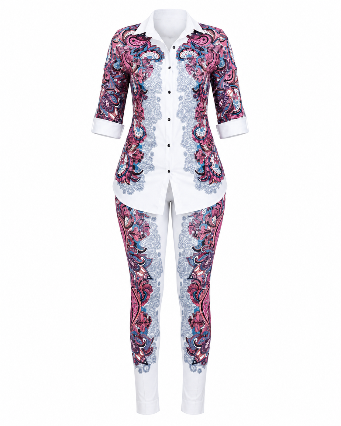 A women's two-piece matching set featuring a white button-up shirt and slim-fit pants, both decorated with a vibrant pink, purple, and blue paisley pattern along the front panels and sleeves, set against a plain white background.