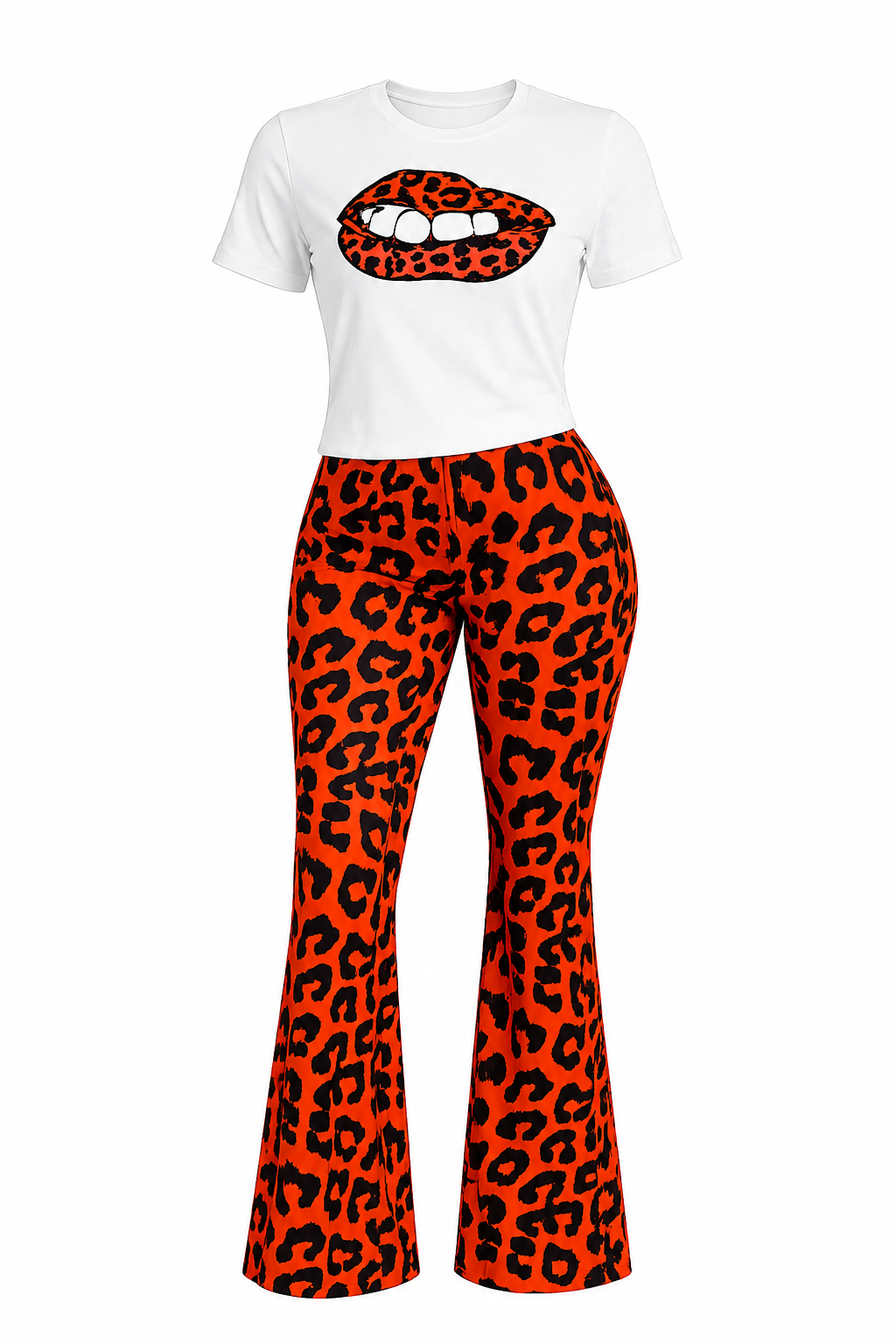 Women's Leopard Print Two-Piece Flared Trouser Set – Graphic Lips T-Shirt & High Waist Bell Bottom Pants (Brown & Red)