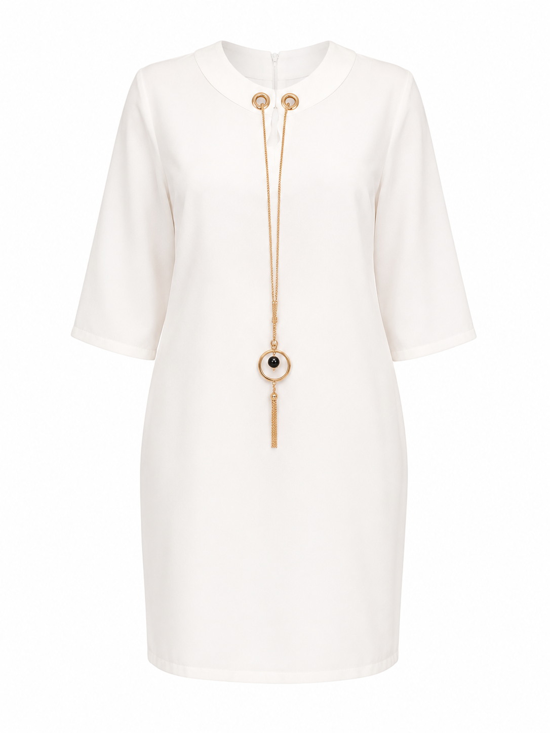 An off-white short-sleeve dress with a round collar, featuring a gold-tone necklace with a circular pendant and two matching collar accents.