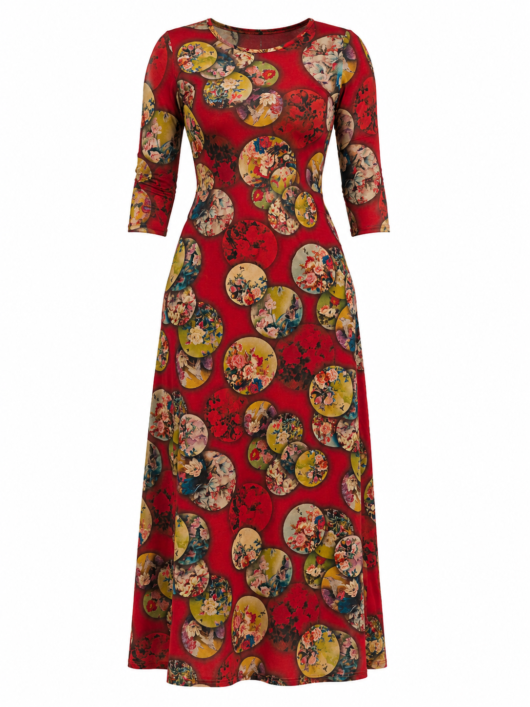 A red three-quarter sleeve maxi dress with an all-over print of circular vintage-style illustrations on a plain white background.