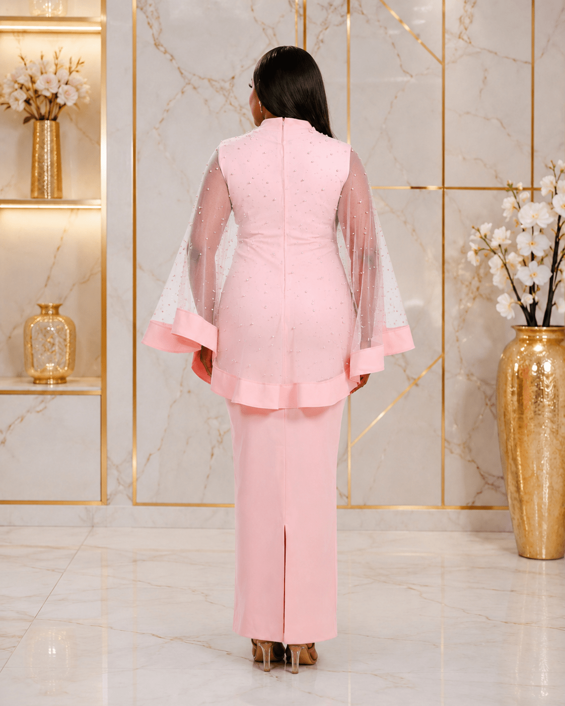 Women’s 2-Piece Elegant Occasion Dress Set – Sleeveless Maxi Dress with Beaded Sheer Cape Overlay - Maxi Dress - Cherubim Aura