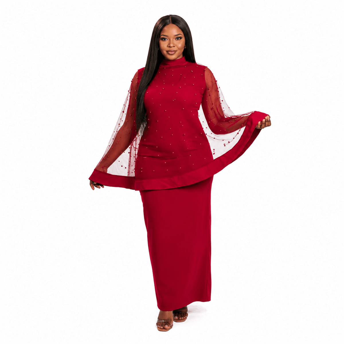 Women’s 2-Piece Elegant Occasion Dress Set – Sleeveless Maxi Dress with Beaded Sheer Cape Overlay - Maxi Dress - Cherubim Aura