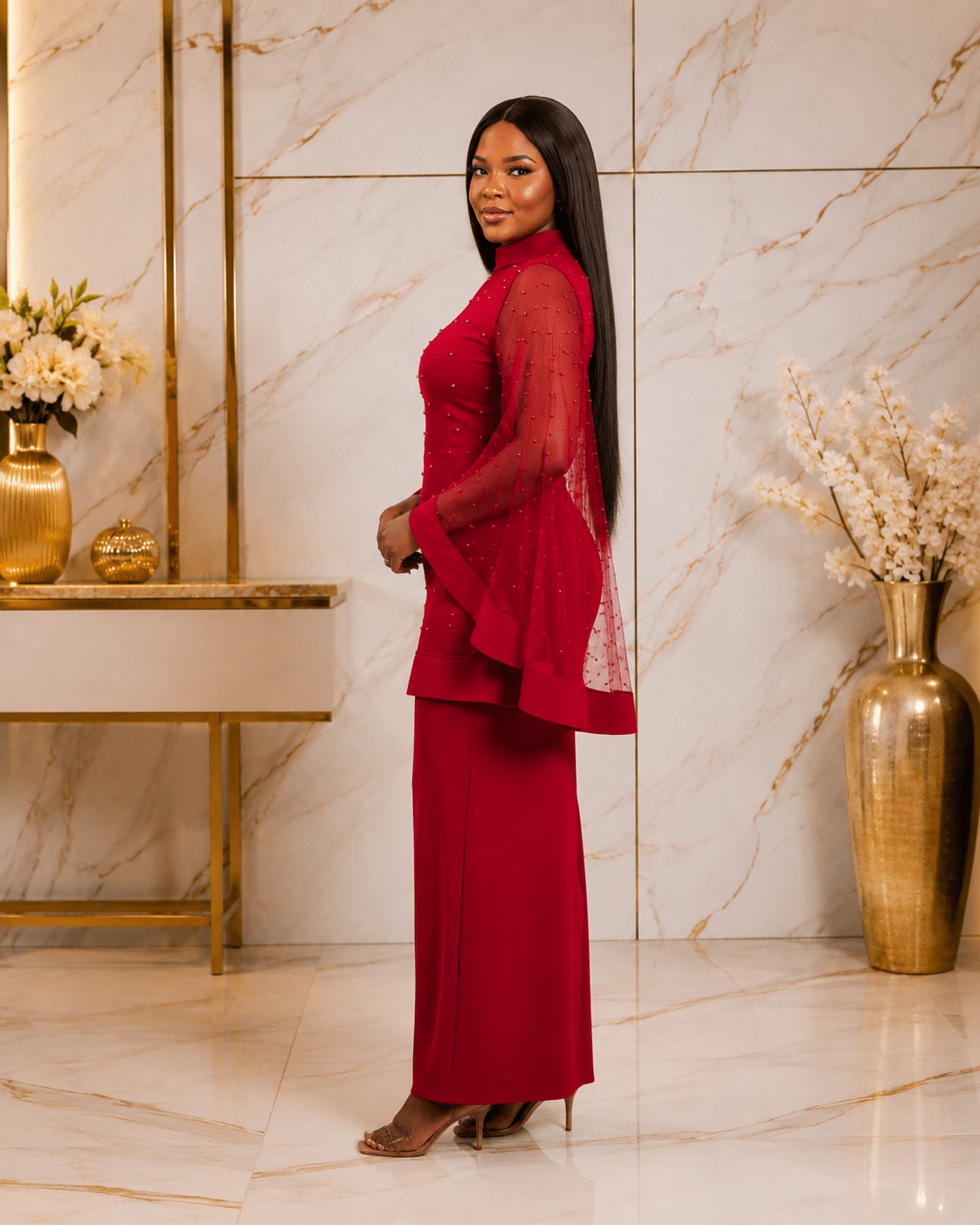 Women’s 2-Piece Elegant Occasion Dress Set – Sleeveless Maxi Dress with Beaded Sheer Cape Overlay - Maxi Dress - Cherubim Aura