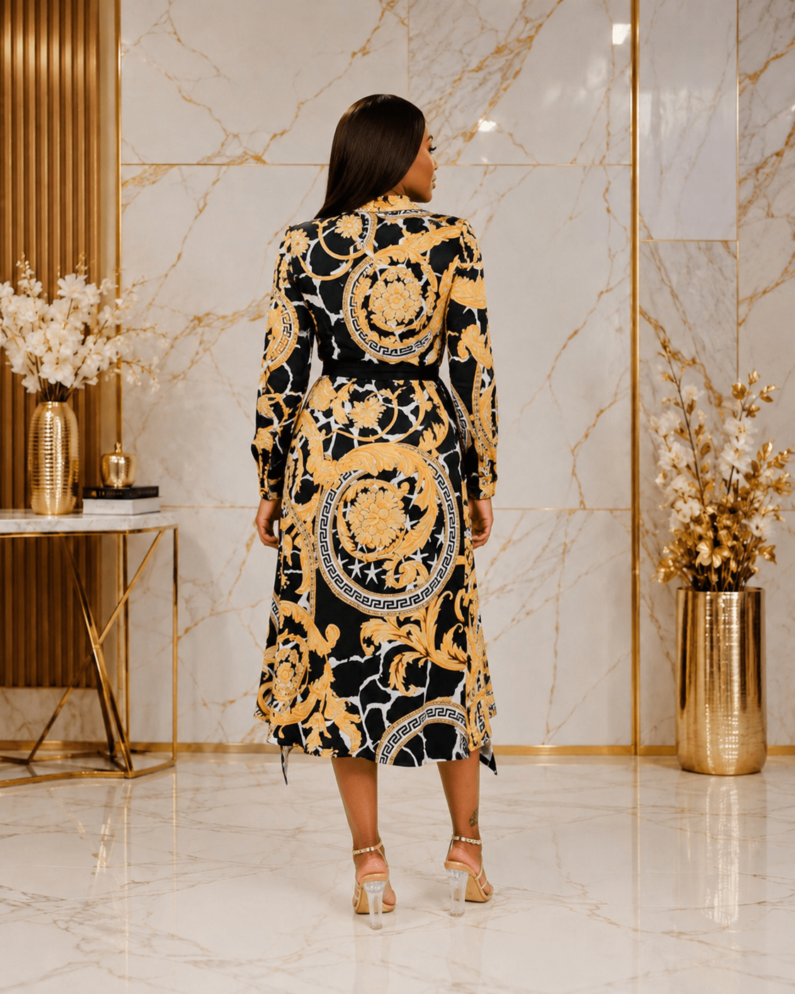 Women's Baroque Print Long Sleeve Midi Shirt Dress – Belted Elegant Wrap Dress - Midi Dresses - Cherubim Aura