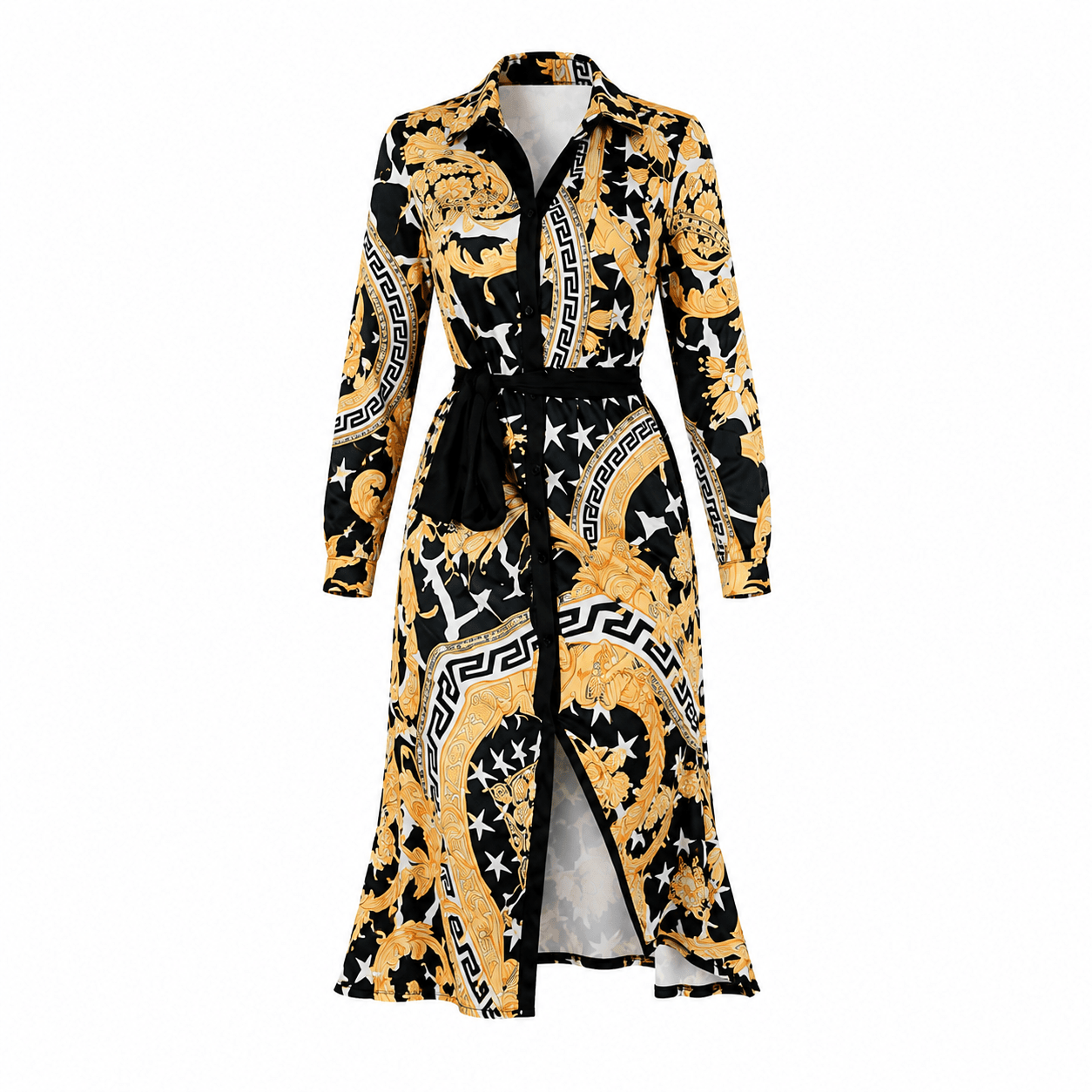 Women's Baroque Print Long Sleeve Midi Shirt Dress – Belted Elegant Wrap Dress - Midi Dresses - Cherubim Aura