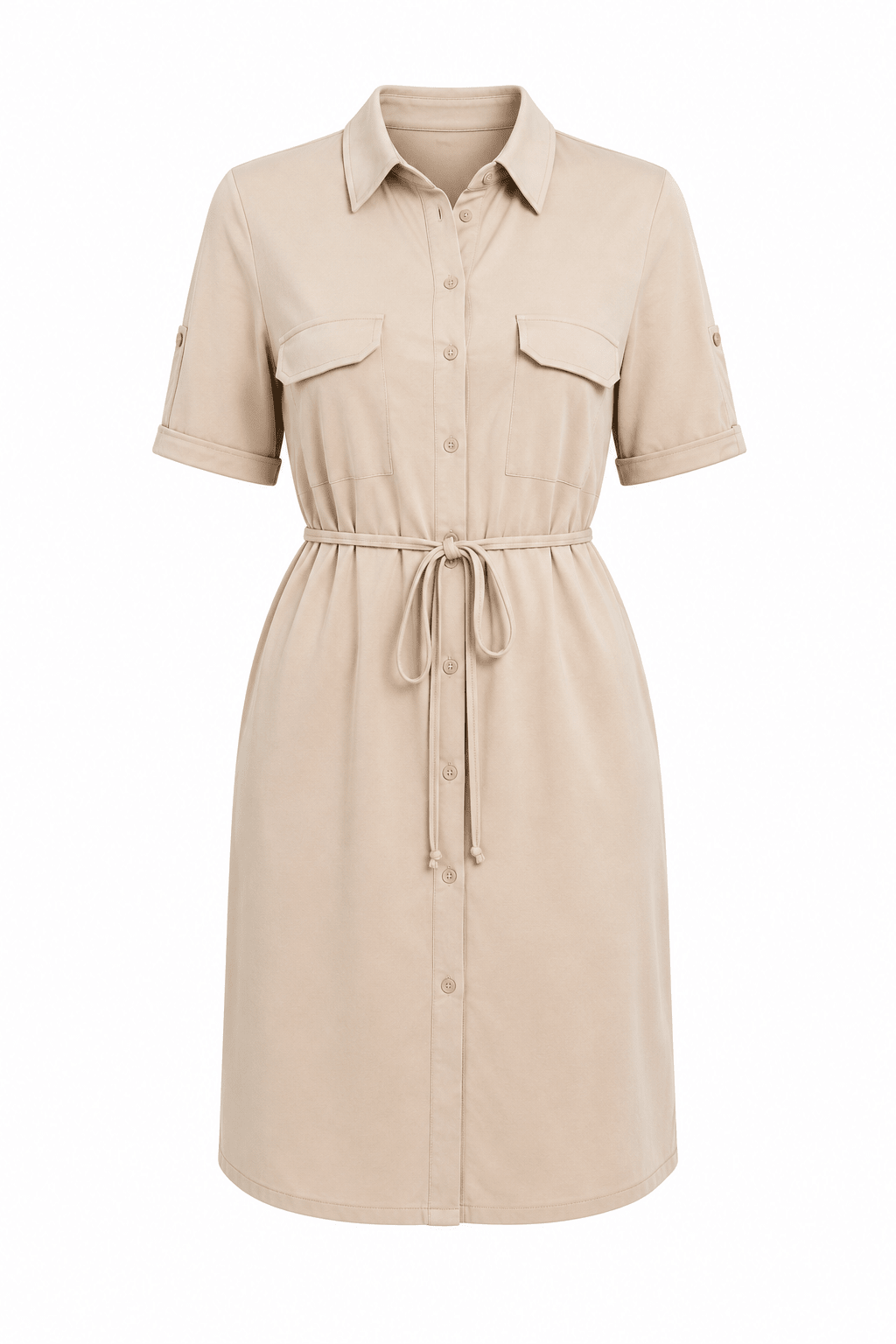 Women's Beige Belted Shirt Mini Dress | Button Front Collared Utility Dress with Tie Waist - Mini Dress - Cherubim Aura