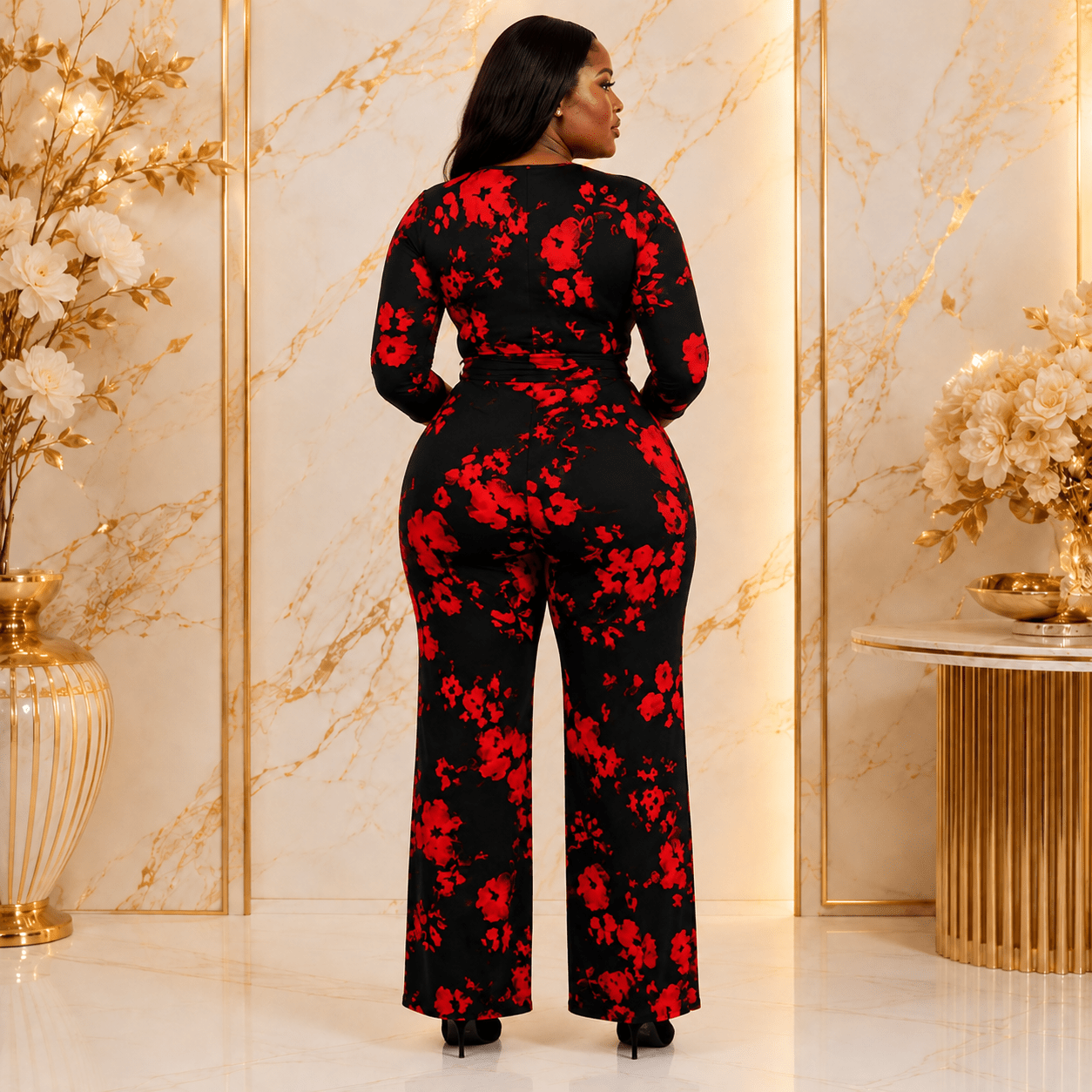 Women’s Black and Red Floral Wrap Jumpsuit – V-Neck Tie-Waist One-Piece with Wide Legs and Three-Quarter Sleeves - Jumpsuit - Cherubim Aura