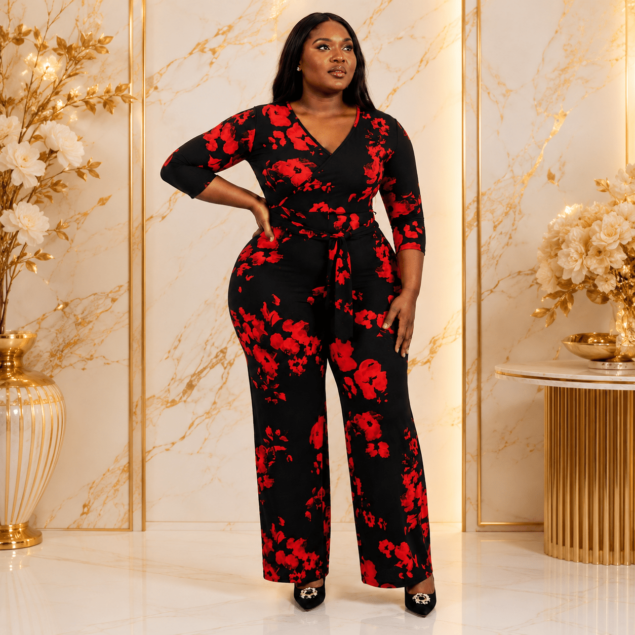 Women’s Black and Red Floral Wrap Jumpsuit – V-Neck Tie-Waist One-Piece with Wide Legs and Three-Quarter Sleeves - Jumpsuit - Cherubim Aura