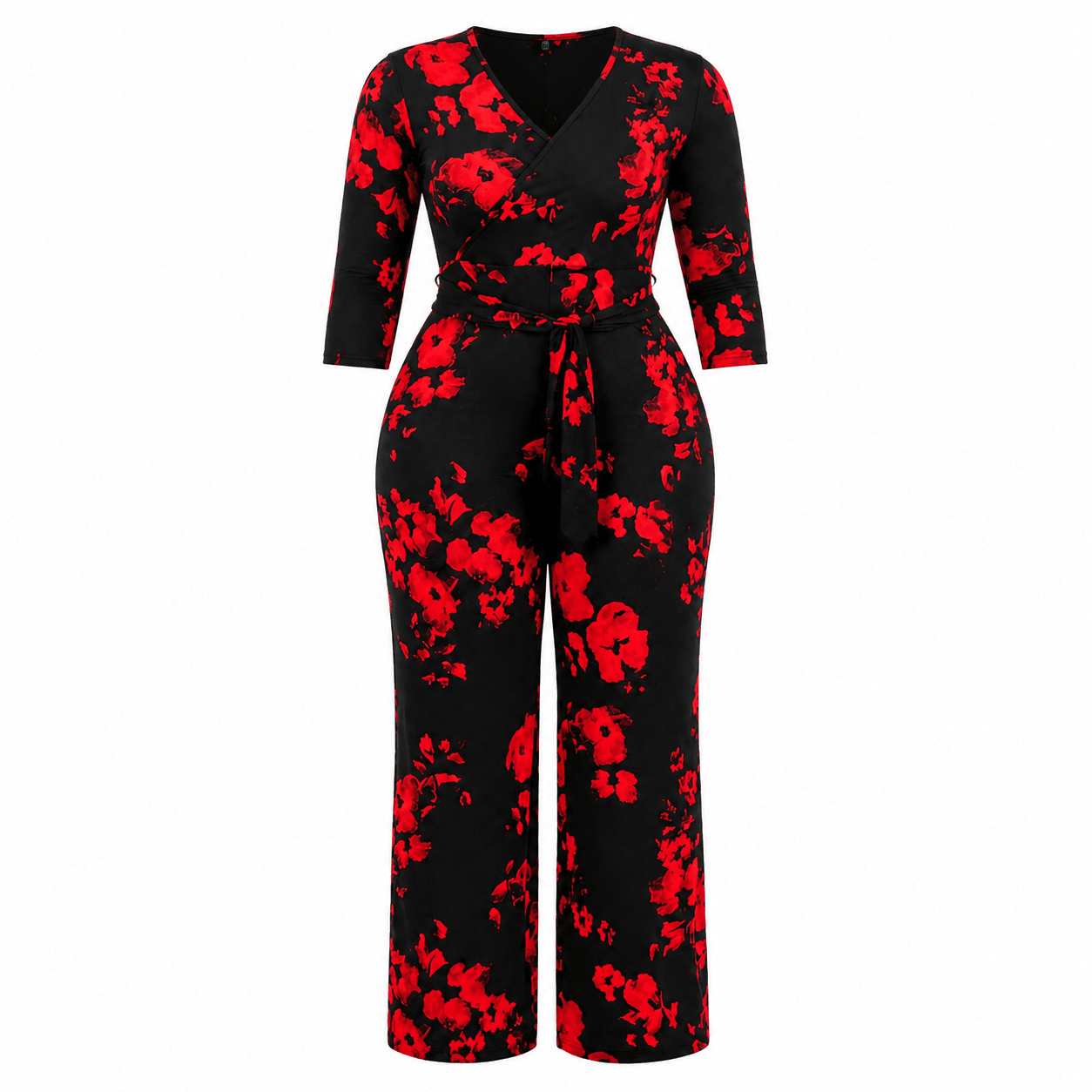 Women’s Black and Red Floral Wrap Jumpsuit – V-Neck Tie-Waist One-Piece with Wide Legs and Three-Quarter Sleeves - Jumpsuit - Cherubim Aura