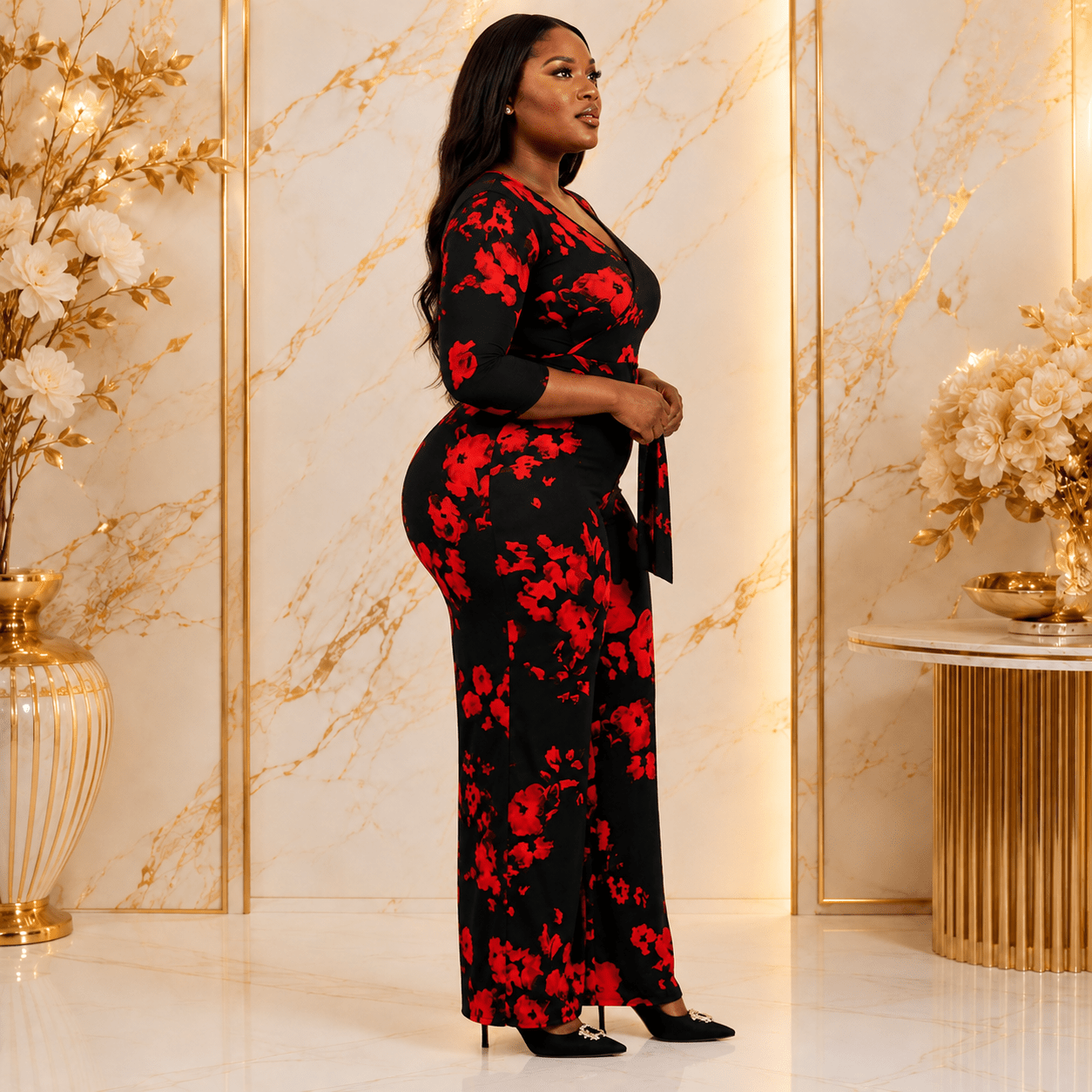 Women’s Black and Red Floral Wrap Jumpsuit – V-Neck Tie-Waist One-Piece with Wide Legs and Three-Quarter Sleeves - Jumpsuit - Cherubim Aura