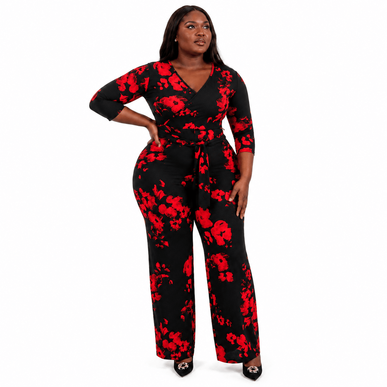 Women’s Black and Red Floral Wrap Jumpsuit – V-Neck Tie-Waist One-Piece with Wide Legs and Three-Quarter Sleeves - Jumpsuit - Cherubim Aura