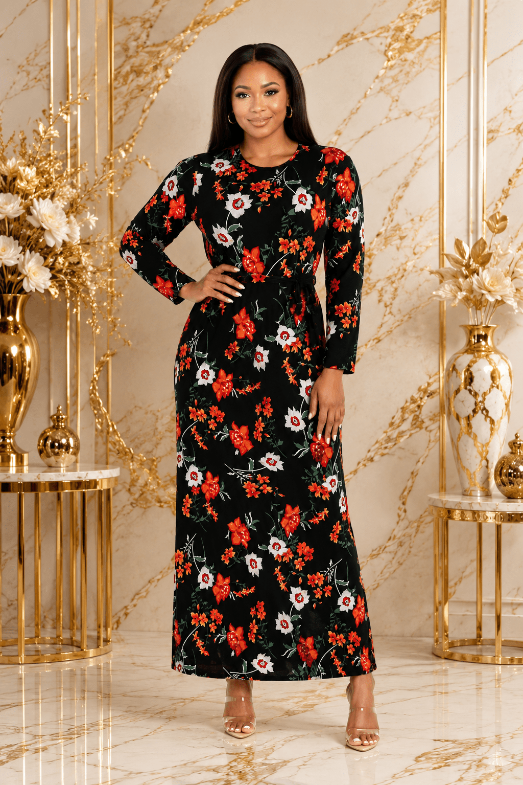 Women's Black Floral Long Sleeve Belted Maxi Dress – Elegant Round Neck Full-Length Casual Occasion Dress - Maxi Dress - Cherubim Aura