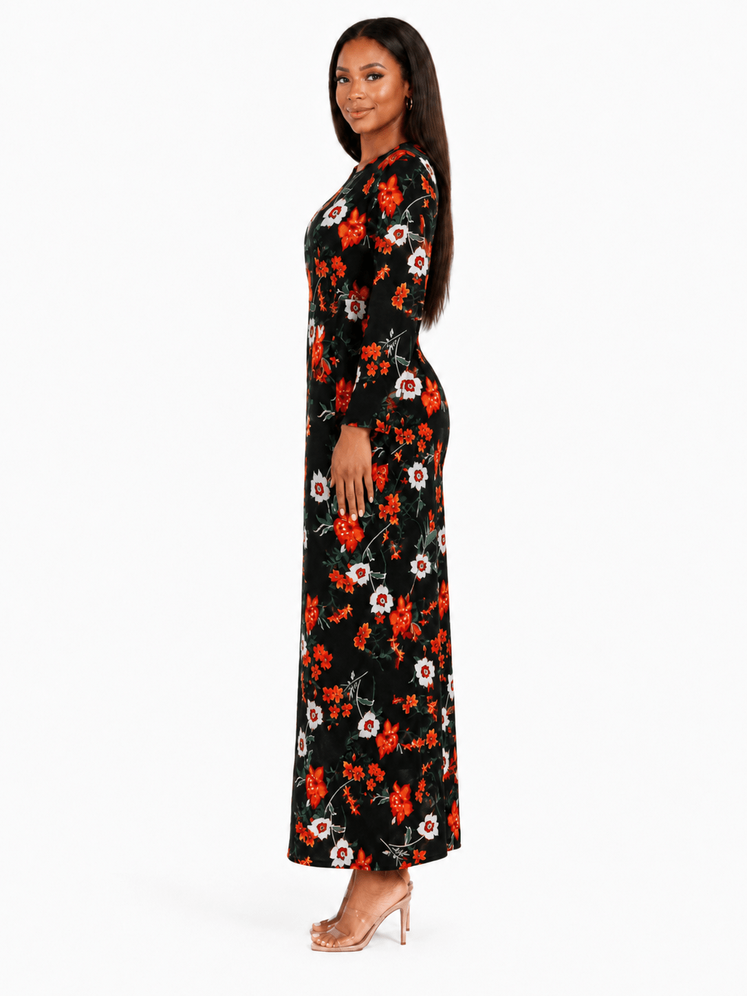 Women's Black Floral Long Sleeve Belted Maxi Dress – Elegant Round Neck Full-Length Casual Occasion Dress - Maxi Dress - Cherubim Aura