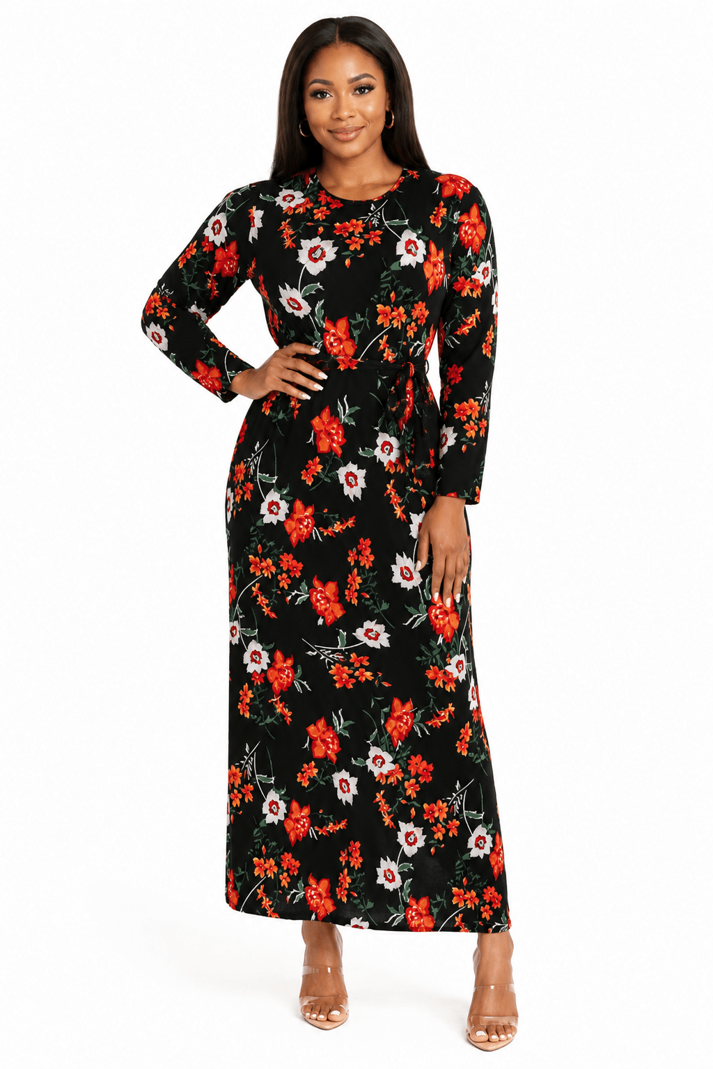 Women's Black Floral Long Sleeve Belted Maxi Dress – Elegant Round Neck Full-Length Casual Occasion Dress - Maxi Dress - Cherubim Aura