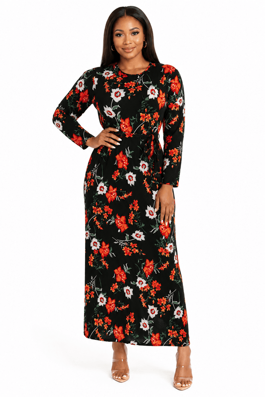 Women's Black Floral Long Sleeve Belted Maxi Dress – Elegant Round Neck Full-Length Casual Occasion Dress - Maxi Dress - Cherubim Aura