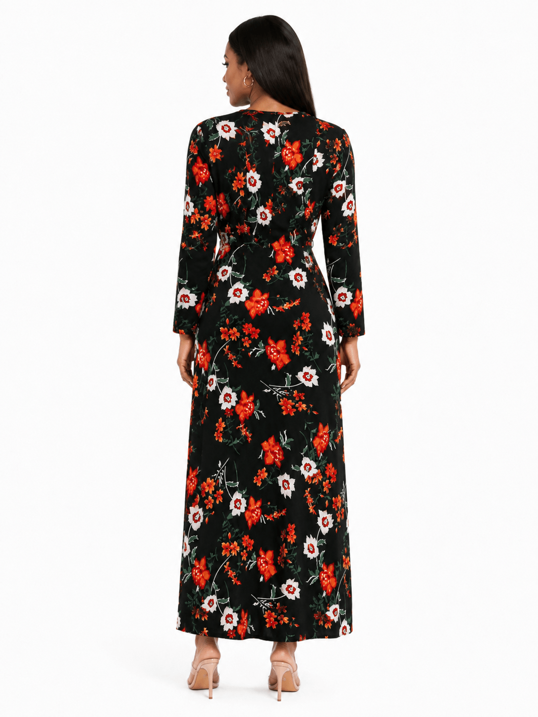 Women's Black Floral Long Sleeve Belted Maxi Dress – Elegant Round Neck Full-Length Casual Occasion Dress - Maxi Dress - Cherubim Aura
