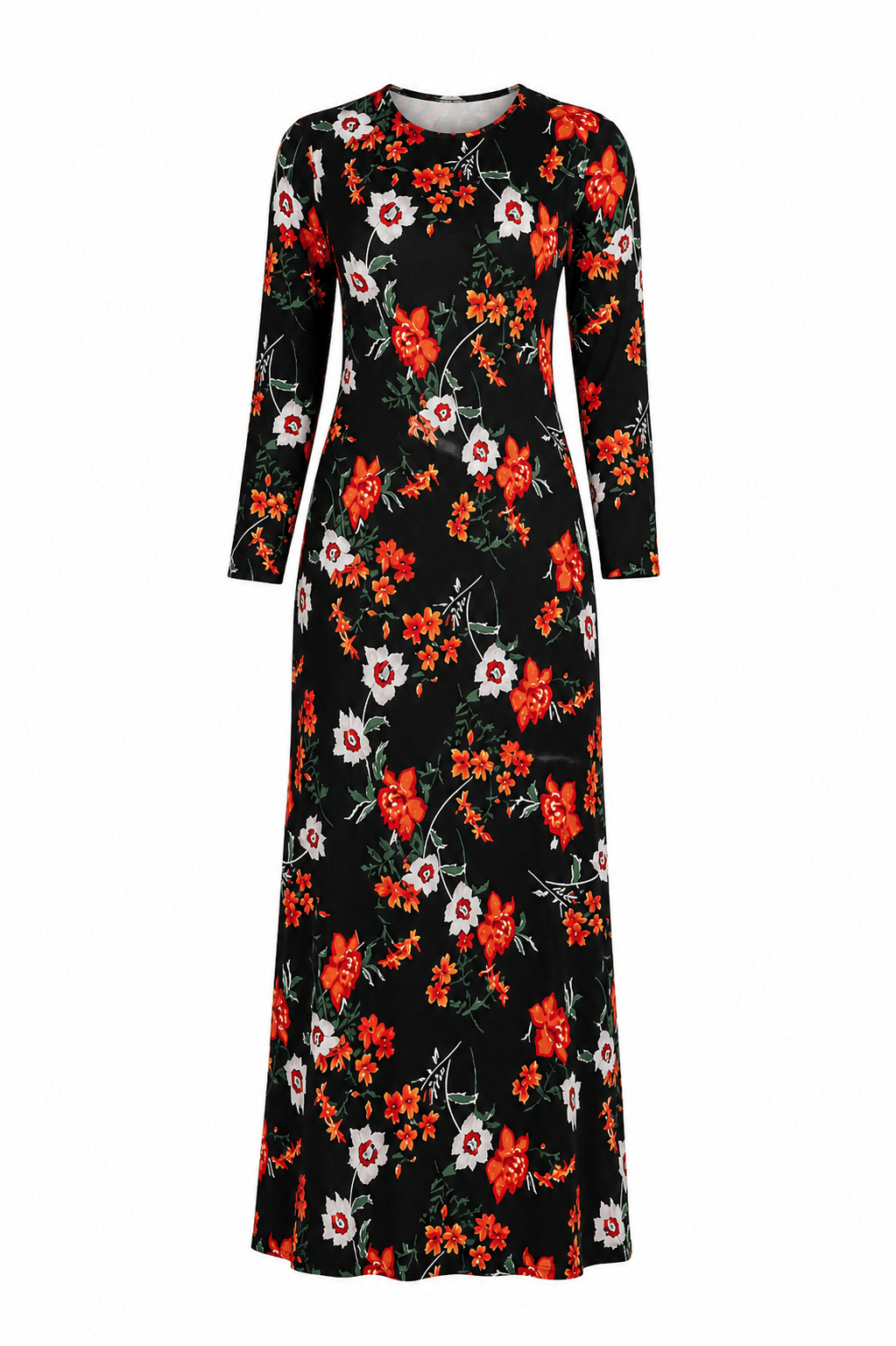 Women's Black Floral Long Sleeve Belted Maxi Dress – Elegant Round Neck Full-Length Casual Occasion Dress - Maxi Dress - Cherubim Aura