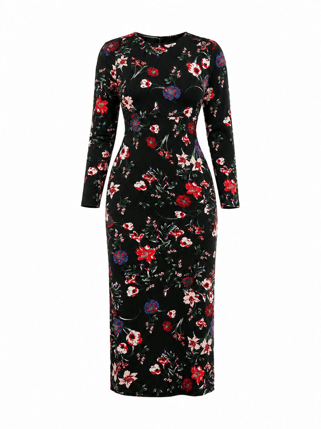 Women’s Black Floral Print Mid-Calf Dress – Long Sleeve Round Neck Fitted Dress - Maxi Dress - Cherubim Aura