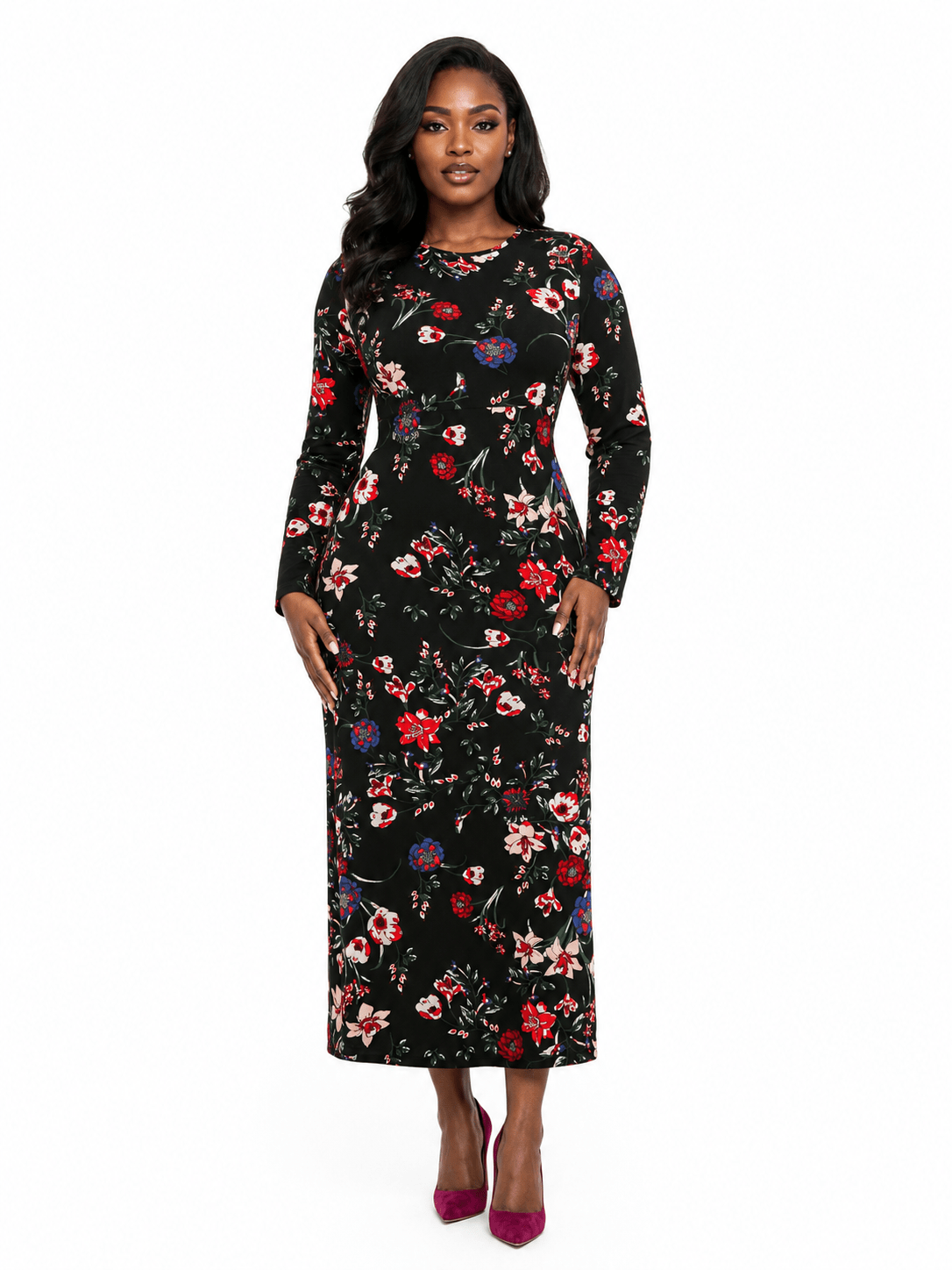 Women’s Black Floral Print Mid-Calf Dress – Long Sleeve Round Neck Fitted Dress - Maxi Dress - Cherubim Aura