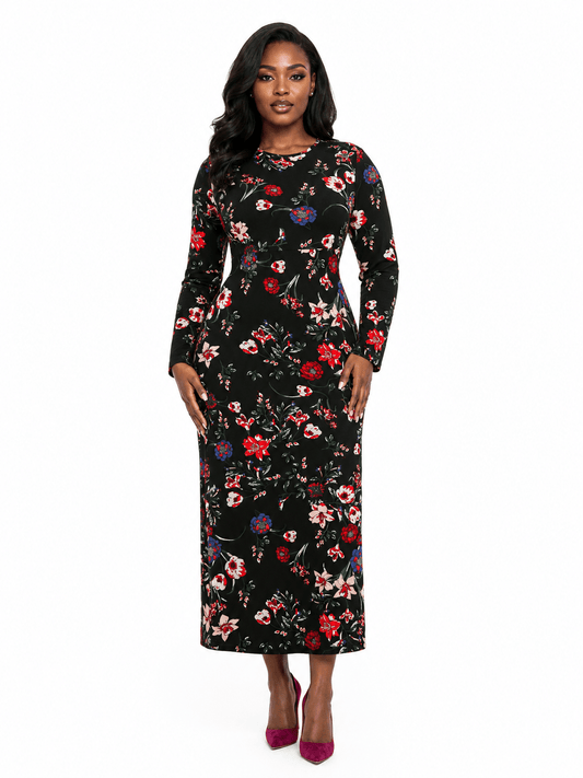 Women’s Black Floral Print Mid-Calf Dress – Long Sleeve Round Neck Fitted Dress - Maxi Dress - Cherubim Aura
