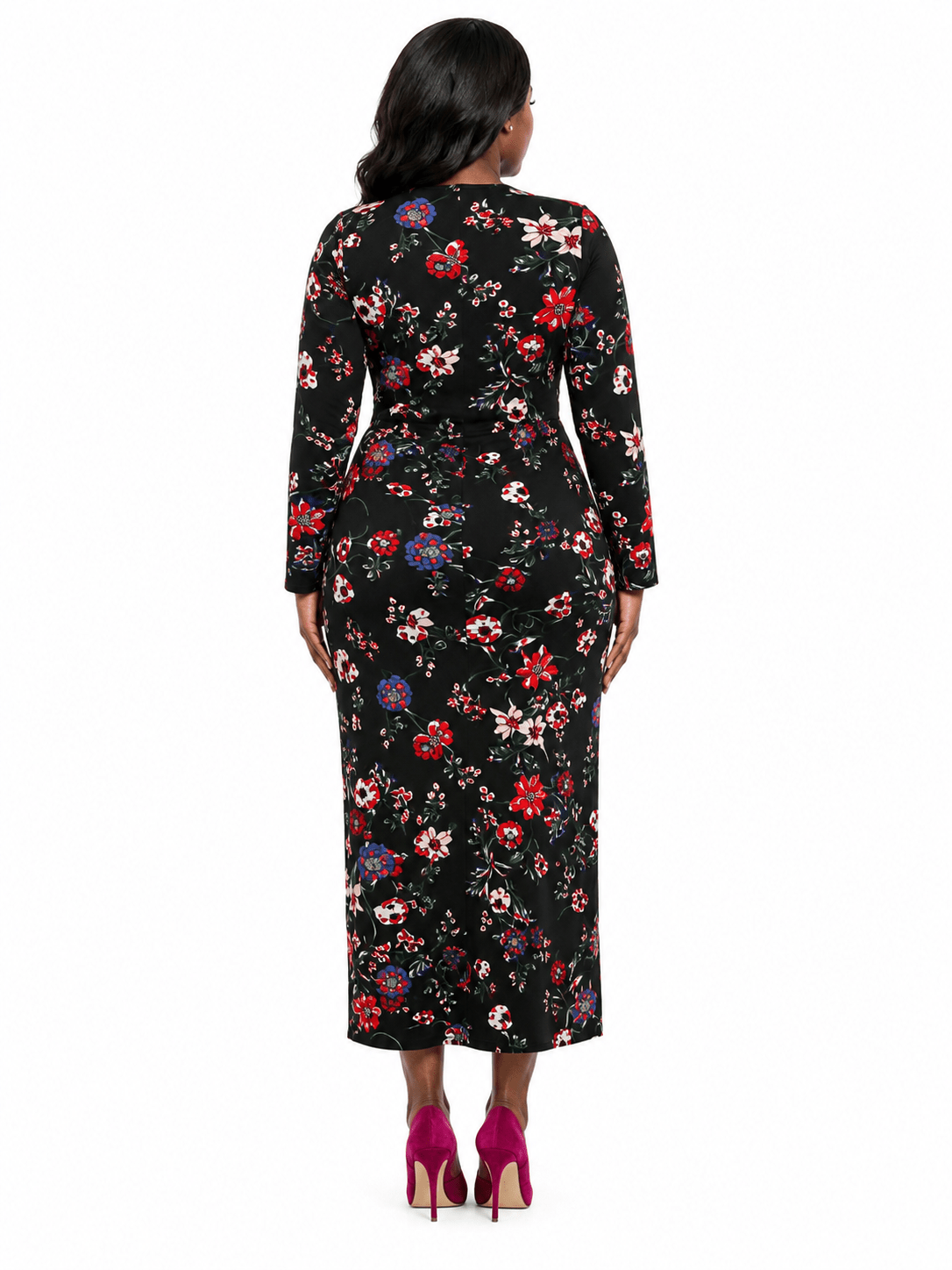 Women’s Black Floral Print Mid-Calf Dress – Long Sleeve Round Neck Fitted Dress - Maxi Dress - Cherubim Aura