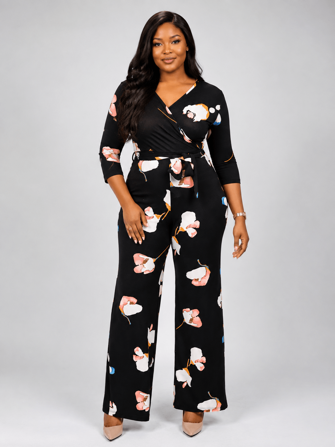 Women’s Black Floral Wrap Jumpsuit – Wide Leg Tie Waist Outfit - Jumpsuit - Cherubim Aura