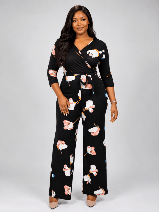 Women’s Black Floral Wrap Jumpsuit – Wide Leg Tie Waist Outfit - Jumpsuit - Cherubim Aura