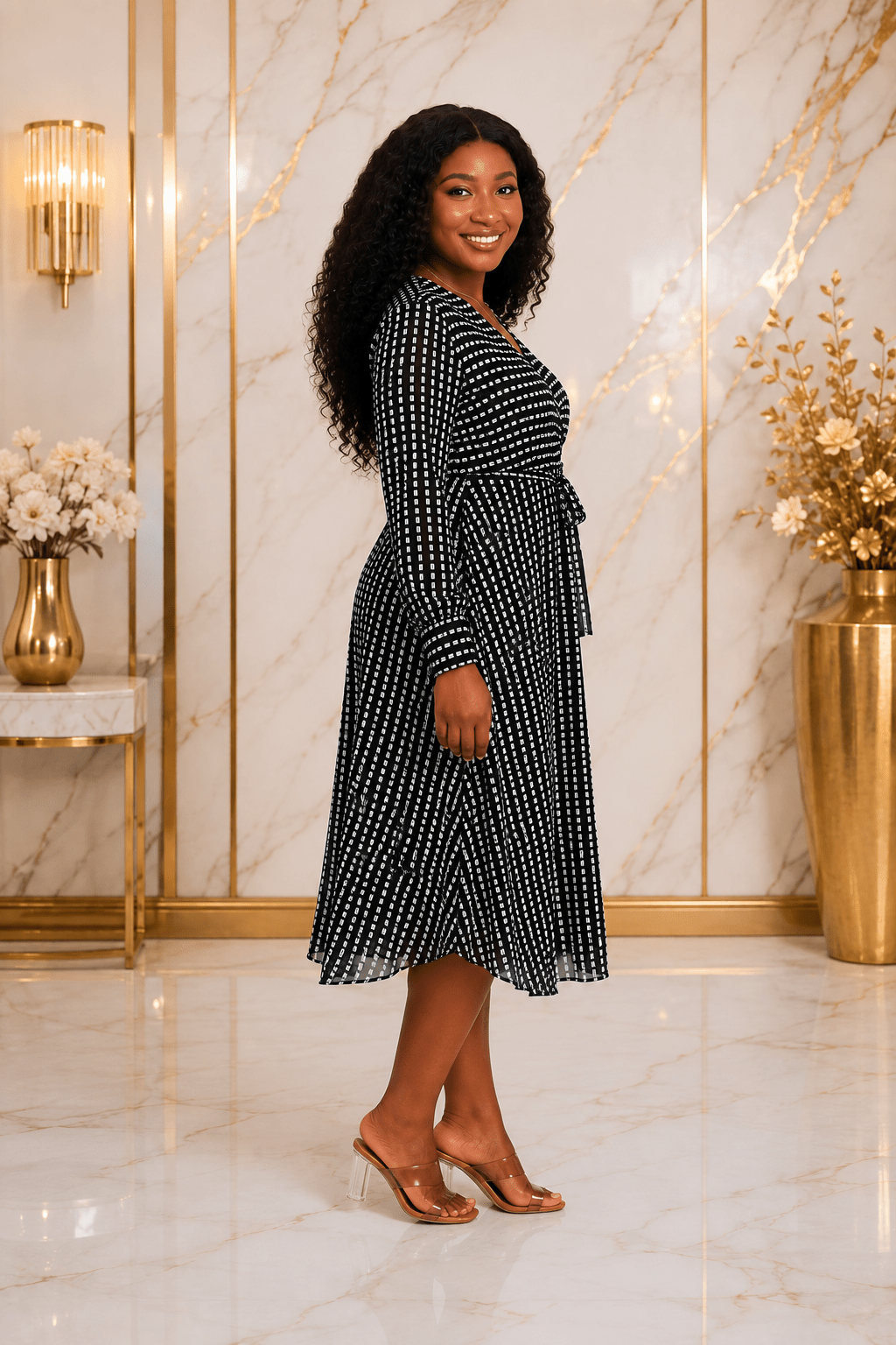 Women's Black Geometric Print Midi Dress – Long Sleeve Tie Waist A-Line Dress - Midi Dresses - Cherubim Aura