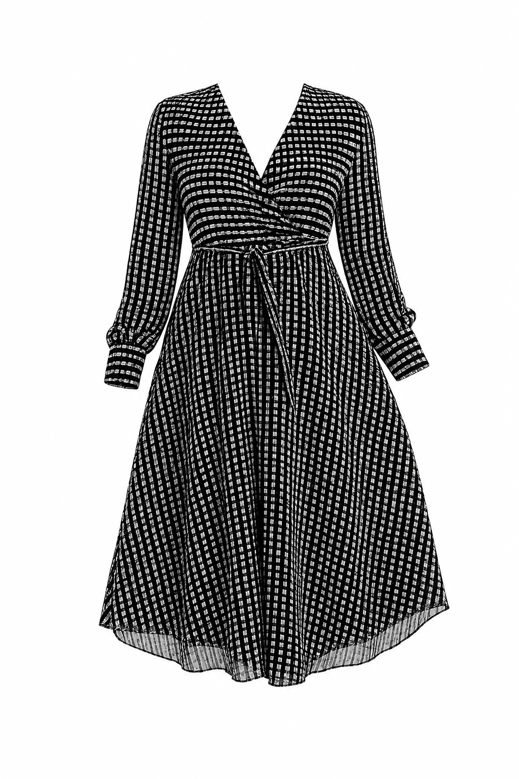 Women's Black Geometric Print Midi Dress – Long Sleeve Tie Waist A-Line Dress - Midi Dresses - Cherubim Aura