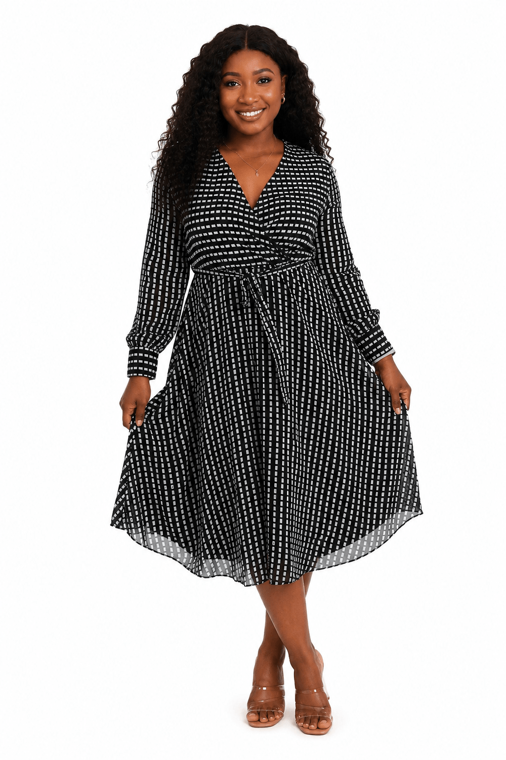 Women's Black Geometric Print Midi Dress – Long Sleeve Tie Waist A-Line Dress - Midi Dresses - Cherubim Aura