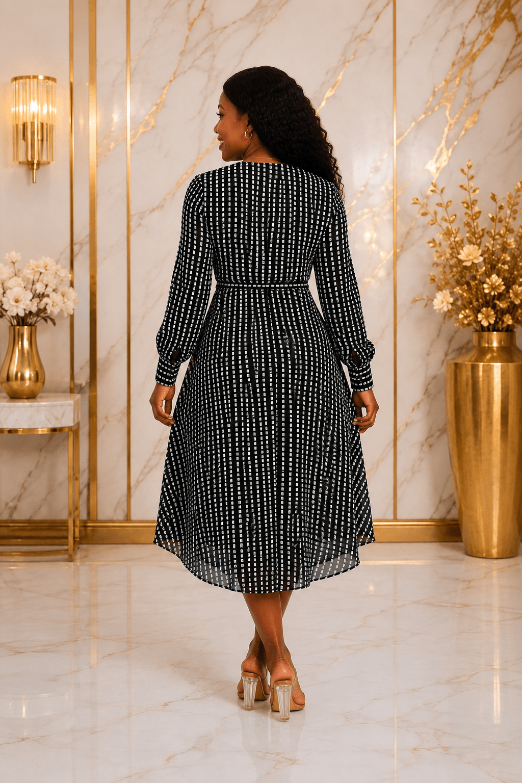 Women's Black Geometric Print Midi Dress – Long Sleeve Tie Waist A-Line Dress - Midi Dresses - Cherubim Aura