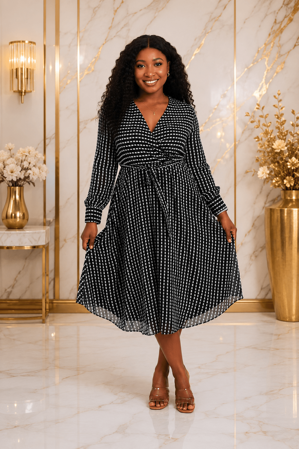 Women's Black Geometric Print Midi Dress – Long Sleeve Tie Waist A-Line Dress - Midi Dresses - Cherubim Aura