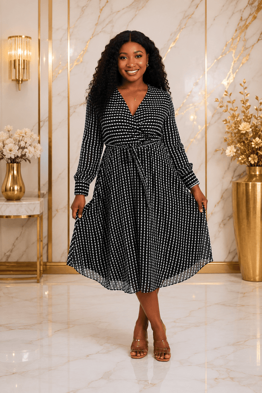 Women's Black Geometric Print Midi Dress – Long Sleeve Tie Waist A-Line Dress - Midi Dresses - Cherubim Aura