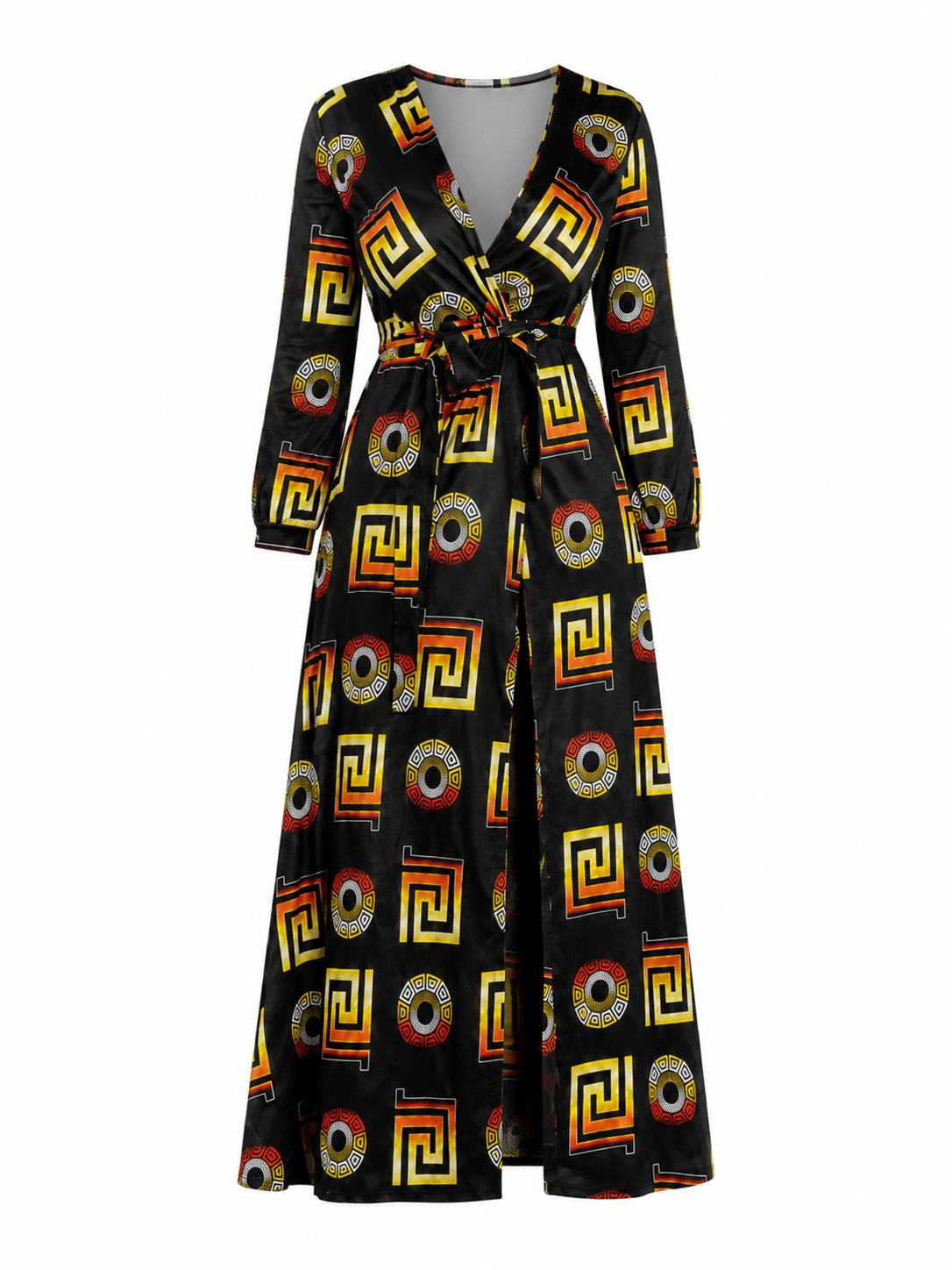 Women`s Black Geometric Print Wrap Maxi Dress – Elegant Long Sleeve V-Neck Split Maxi Dress for Women - Maxi Dress - Cherubim Aura
