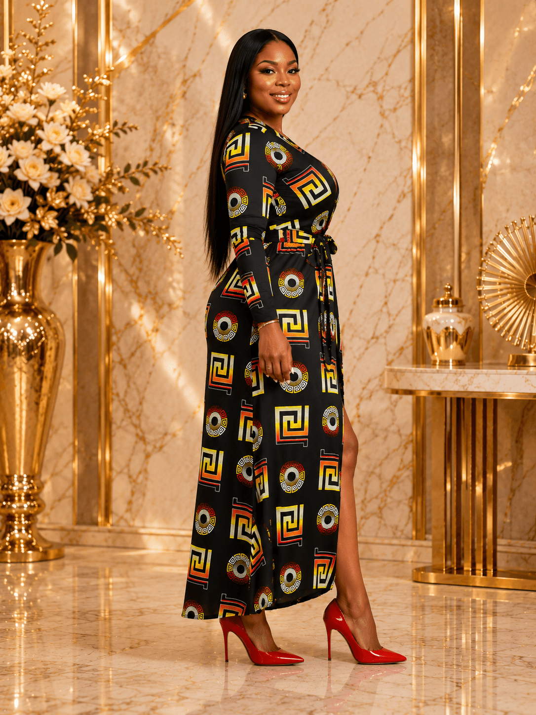 Women`s Black Geometric Print Wrap Maxi Dress – Elegant Long Sleeve V-Neck Split Maxi Dress for Women - Maxi Dress - Cherubim Aura