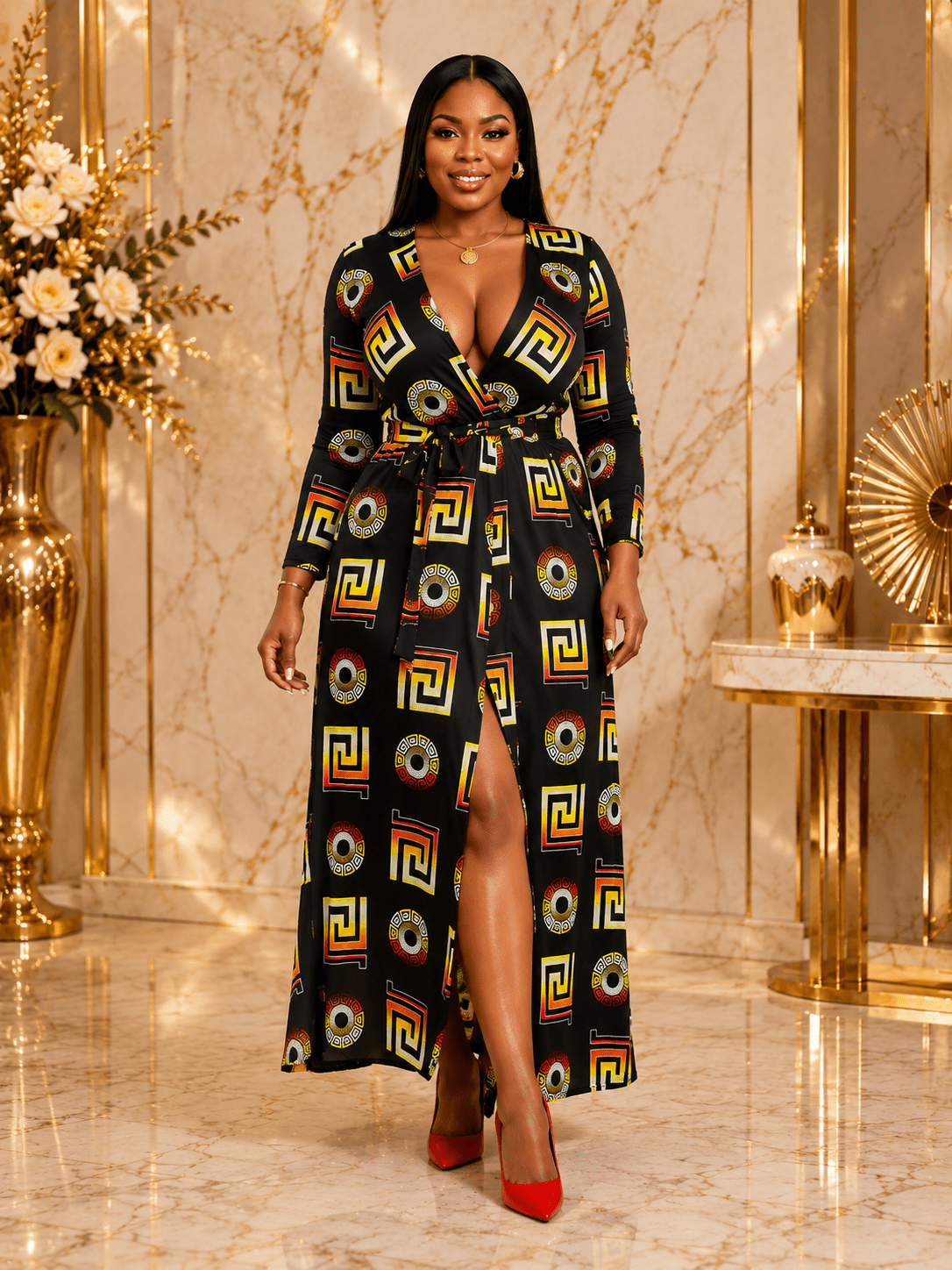 Women`s Black Geometric Print Wrap Maxi Dress – Elegant Long Sleeve V-Neck Split Maxi Dress for Women - Maxi Dress - Cherubim Aura
