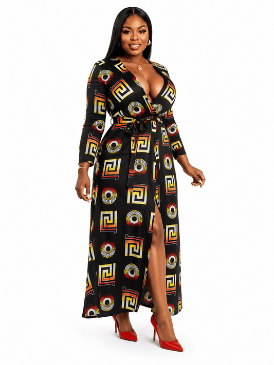 Women`s Black Geometric Print Wrap Maxi Dress – Elegant Long Sleeve V-Neck Split Maxi Dress for Women - Maxi Dress - Cherubim Aura
