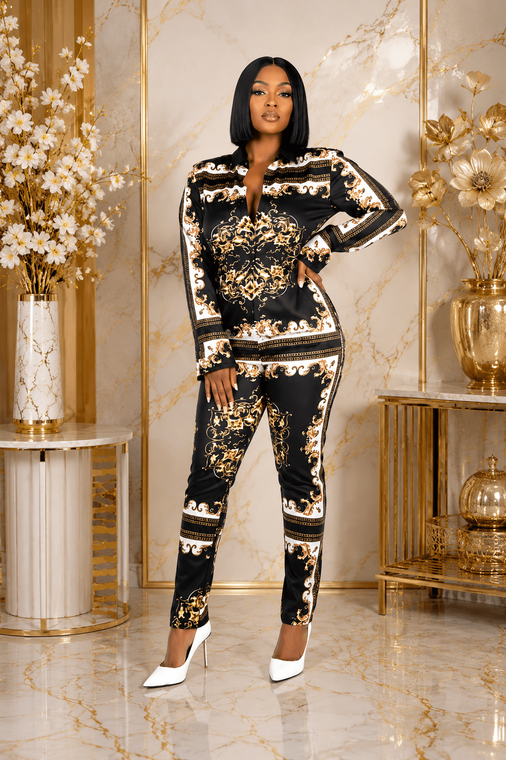 Women's Black Gold Baroque Print Shirt and Trouser Set | Luxury Long Sleeve Two Piece Co-Ord Outfit - Matching Set - Cherubim Aura