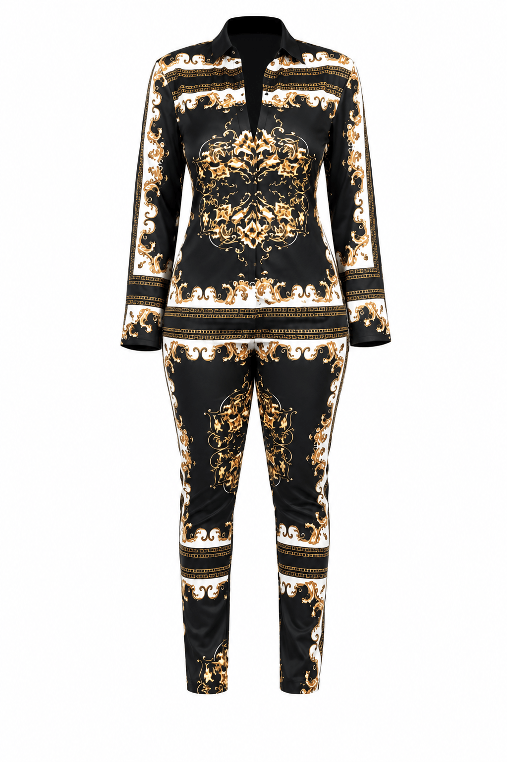 Women's Black Gold Baroque Print Shirt and Trouser Set | Luxury Long Sleeve Two Piece Co-Ord Outfit - Matching Set - Cherubim Aura