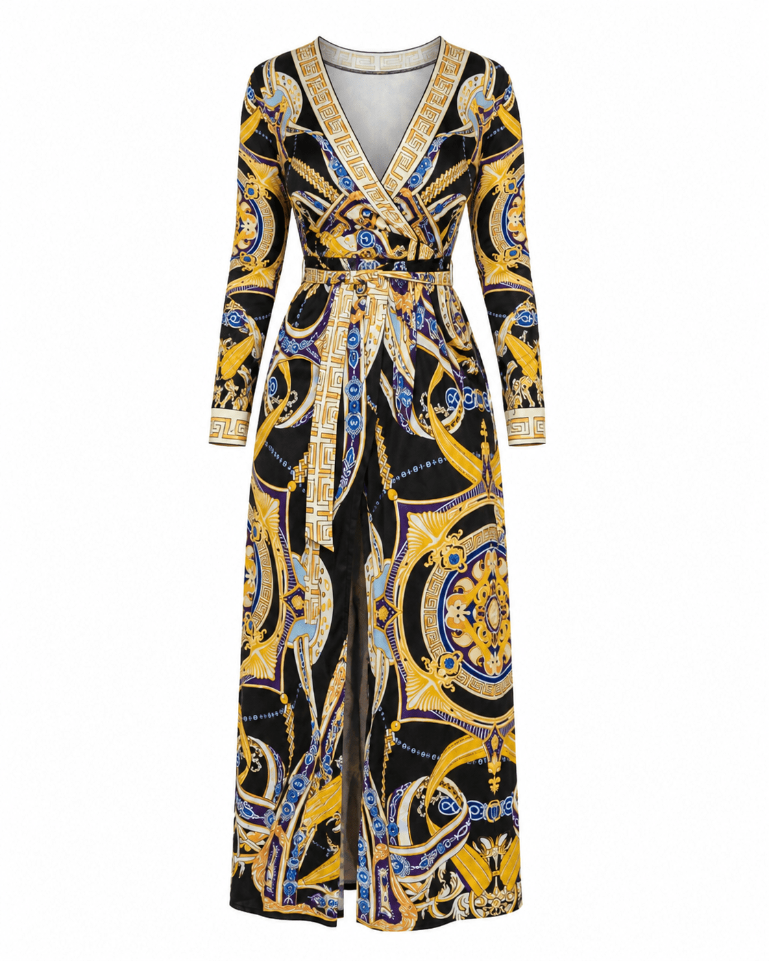 Women’s Black & Gold Baroque Print Wrap Maxi Dress – Long Sleeve V-Neck High Waist Split Dress - Maxi Dress - Cherubim Aura
