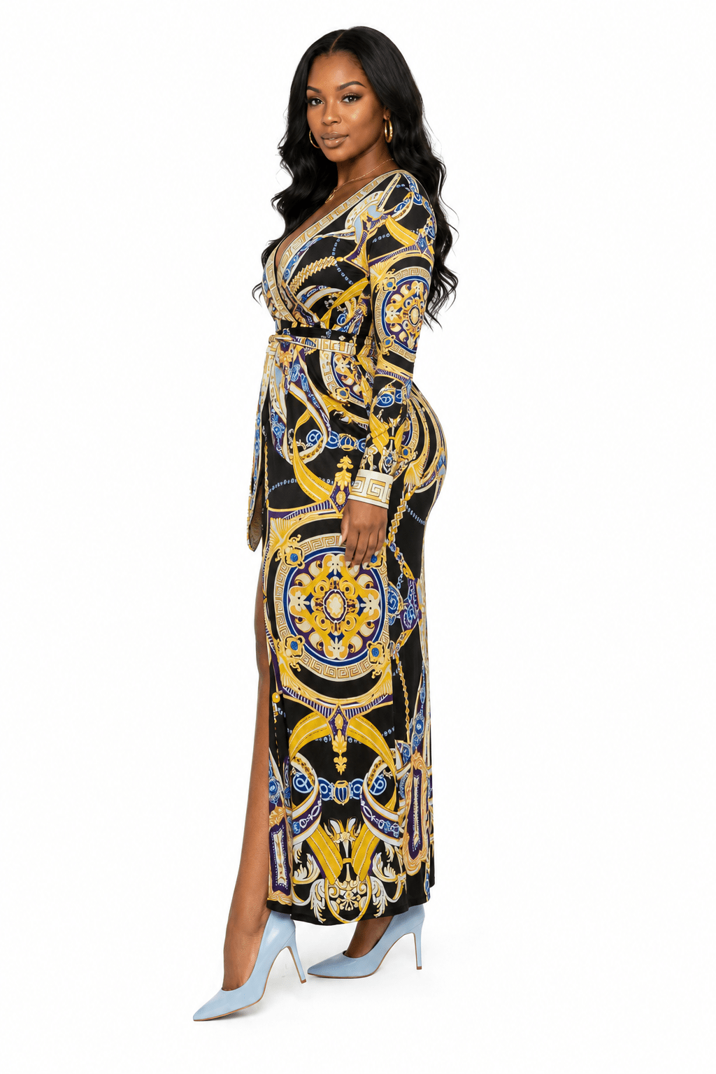 Women’s Black & Gold Baroque Print Wrap Maxi Dress – Long Sleeve V-Neck High Waist Split Dress - Maxi Dress - Cherubim Aura