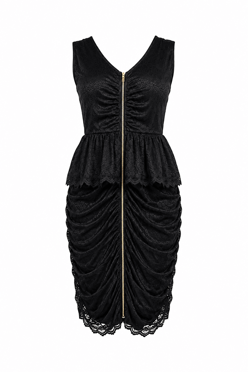 Women's Black Lace Ruched Peplum Midi Dress – Elegant Sleeveless Zip Front Party Dress - Midi Dresses - Cherubim Aura
