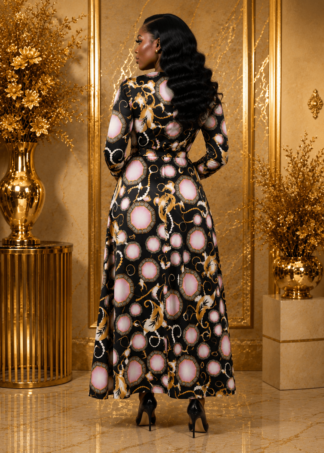 Women’s Black & Pink Baroque Chain Print Maxi Dress – Long Sleeve V-Neck Belted Split Dress - Maxi Dress - Cherubim Aura
